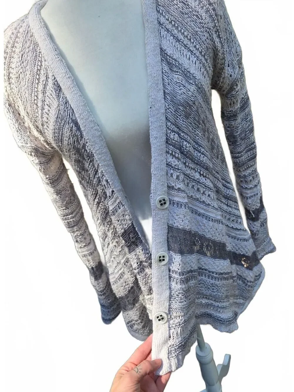 Free People Grey White Fair Isle Knit Open Cardigan Sweater Lagenlook Cottage